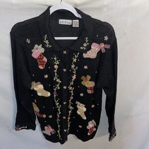 B.P. Design Women’s Holiday Cardigan Size Medium Black Stocking Motif Christmas
